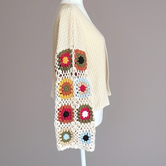 Boho Crochet Granny Square Sleeve Cardigan Cream Open Knit Sweater Size Small - Picture 4 of 16